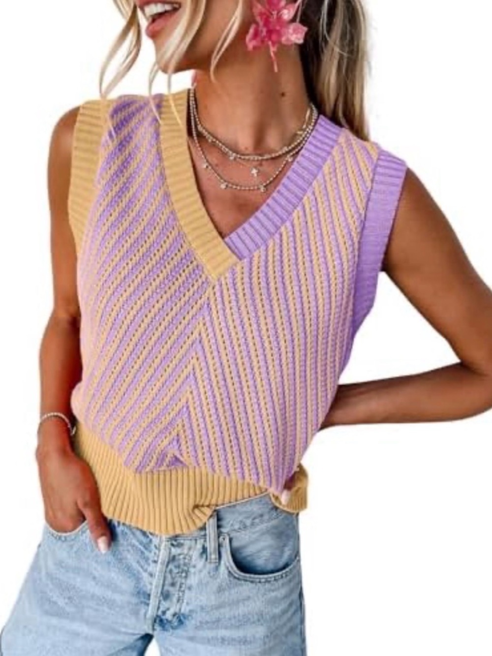 Y2K Preppy Knit V-Neck Sweater Vest in Lavender and Yellow
